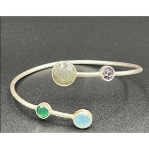 Vtg 925 Sterling‎ Silver India Cuff Bracelet Multi-Color Gemstones MCM Mod Retro